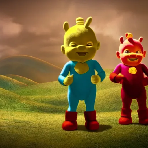 Image similar to kratos in teletubbies, from the new movie teletubbies, directed by peter jackson, bokeh, hyperrealism