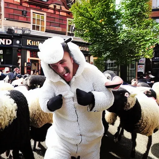 Prompt: man in sheep costume fighting outside a british pub