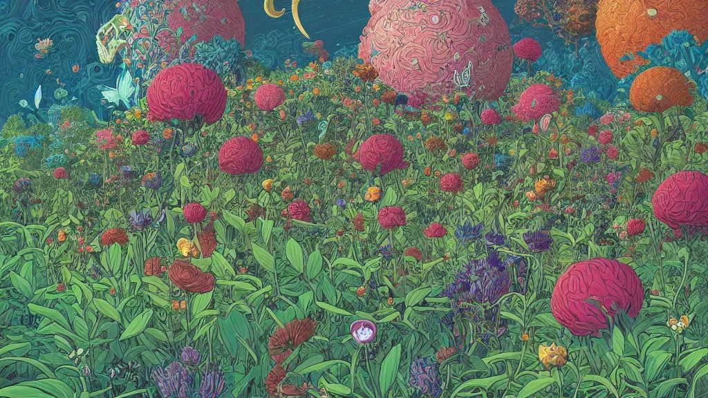 Prompt: highly detailed illustration of a world growing all kinds of flowers by kilian eng, by moebius!, by oliver vernon, by joseph moncada, by damon soule, by manabu ikeda, by kyle hotz, by dan mumford, by kilian eng