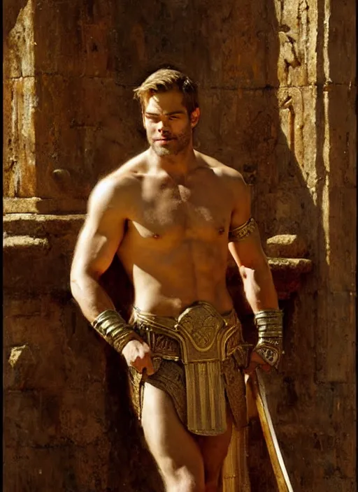 Image similar to gladiator chris pine, roman baths painting by gaston bussiere, craig mullins, j. c. leyendecker