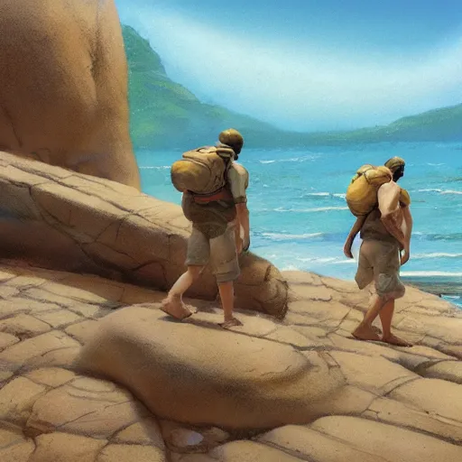 Prompt: a concept art of a pair of flip flops in the rocks, by Craig mullins, Steve Purcell, Ralph McQuarrie. Centered image, no background