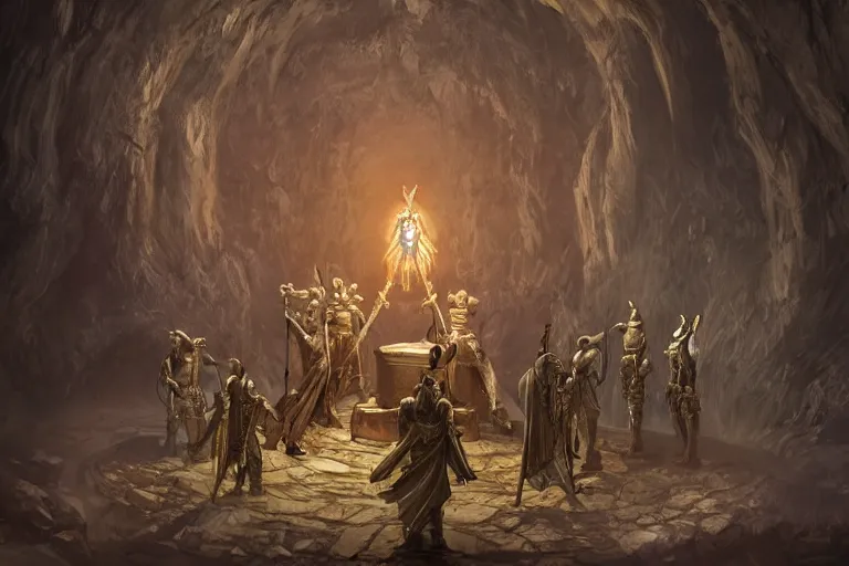 Prompt: A ring of seven centurion statues in a cave standing around an altar with a sword stuck in the altar. fantasy concept art, intricate, elegant, highly detailed, digital painting, artstation, concept art, matte, sharp focus, illustration, art Mattias Snygg