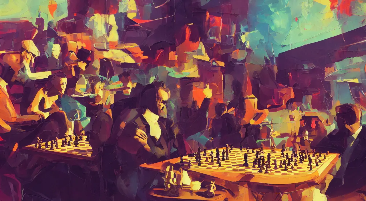 Prompt: a graph style gauche impasto, oil paint, people playing chess, steampunk art by james gilleard, cgsociety, retrofuturism, synthwave, retrowave, outrun, autumn color.