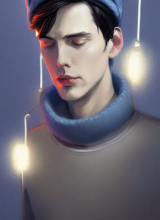 Image similar to portrait of jughead jones, wearing a grey crown, wearing a blue turtleneck sweater, eyes closed, intricate, elegant, glowing lights, highly detailed, digital painting, artstation, concept art, smooth, sharp focus, illustration, art by wlop, mars ravelo and greg rutkowski