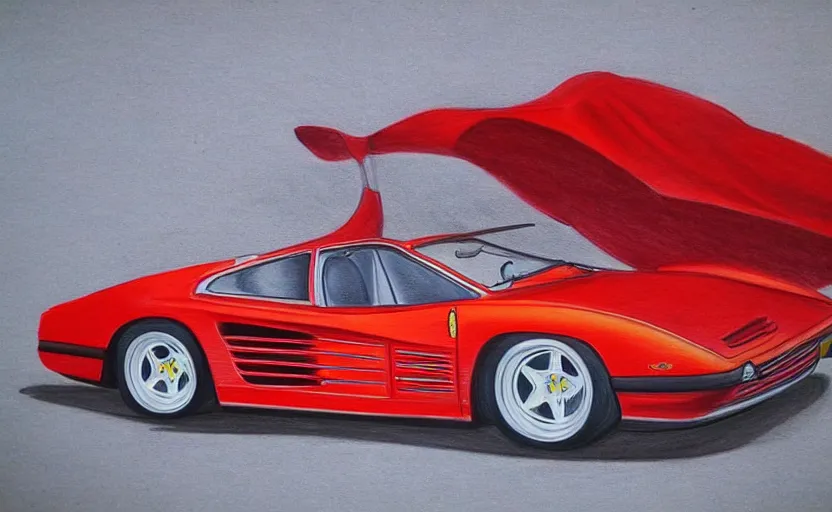 Prompt: a drawing of a red Ferrari Testarossa with wheels and rims, an airbrush painting by Ed Roth, trending on cgsociety, modern european ink painting, matte drawing, airbrush art, detailed painting, 8k