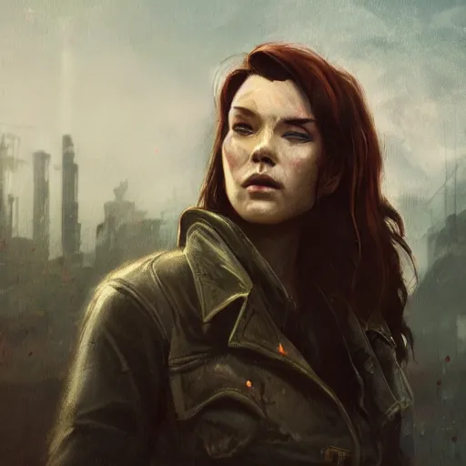 Image similar to fallout 5, charismatic beautiful rugged brunette female protagonist, portrait, outdoors ruined cityscape, atmospheric lighting, painted, intricate, volumetric lighting, beautiful, daytime, slight overcast weather, sharp focus, deep colours, ultra detailed, by leesha hannigan, ross tran, thierry doizon, kai carpenter, ignacio fernandez rios