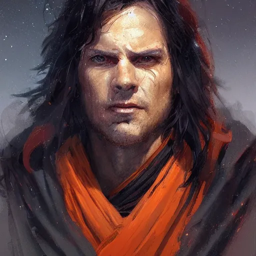 Image similar to portrait of a man by greg rutkowski, jedi master, arabian features, messy long black hair, wearing orange jedi robes, star wars expanded universe, he is about 6 0 years old, highly detailed portrait, digital painting, artstation, concept art, smooth, sharp foccus ilustration, artstation hq