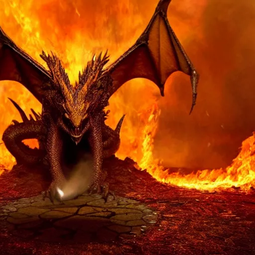 Image similar to Smaug a dragon that spews fire from it's mouth standing on it's feet spreading it's wings, epic, realitic, cinematic, 4k