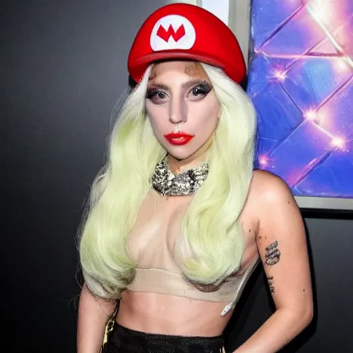 Image similar to lady gaga wearing a super mario hat