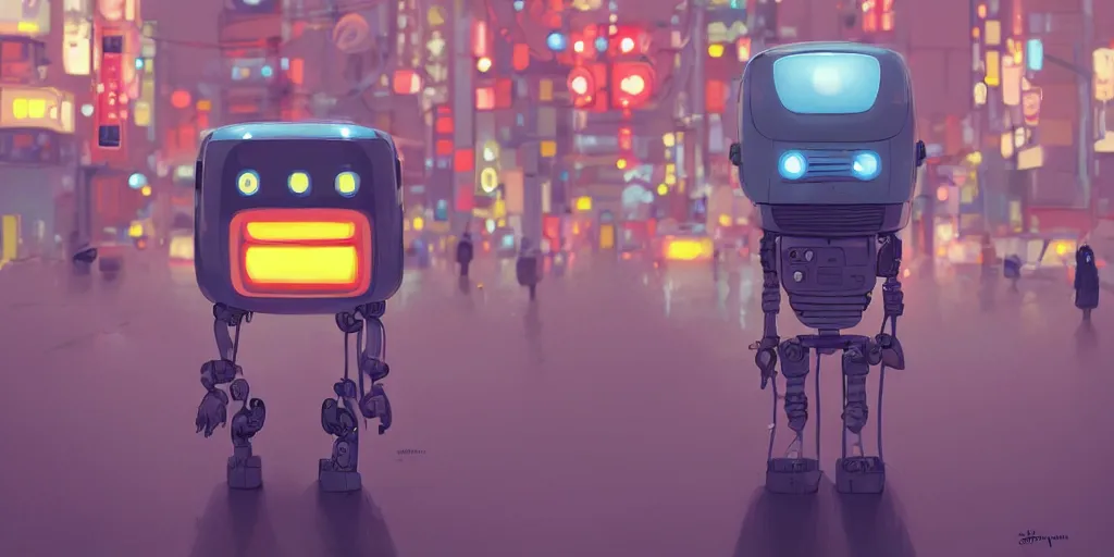 Prompt: cute cartoon robot in Tokyo at night by Goro Fujita and Simon Stalenhag , 8k, trending on artstation, hyper detailed, cinematic