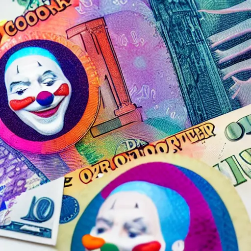 Image similar to A dollar banknote with a colorful clown face printed on it in the middle, whiteface makeup