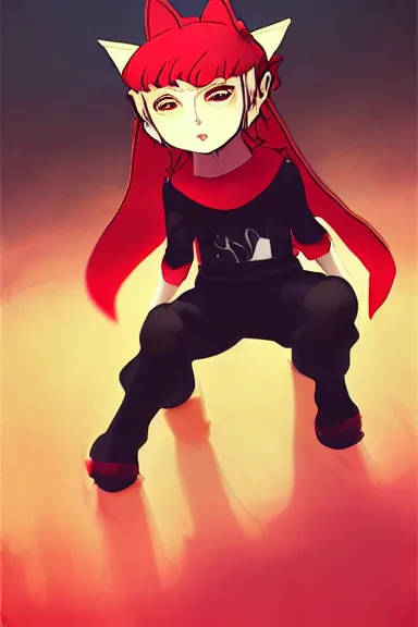 Image similar to little boy with cat ears in an black outfit with red cape. digital artwork made by lois van baarle and kentaro miura and marc simonetti and sakimichan, sharpness focus, inspired by hirohiko araki, anatomically correct, heroic composition, hero pose, smooth