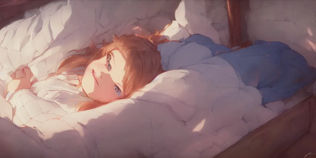 Prompt: a brunnete girl with blue eyes and puffy cheeks lying happy in her bed, close up shot from the top, anime art, Greg Rutkowski, studio ghibli, dramatic lighting