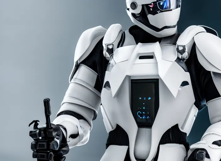 Image similar to cinematic photoshoot of clean modern hand crafted super futuristic tech soldier with exo suit pro display xpr luxury smooth color metal white silver with black leather padding well design ultrareallistic detailed high quality 8 k photorealistic ultra realistic