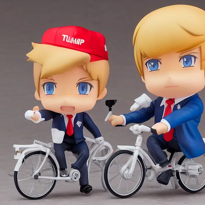 Image similar to donald trump, an anime nendoroid of donald trump riding a bike, figurine, detailed product photo