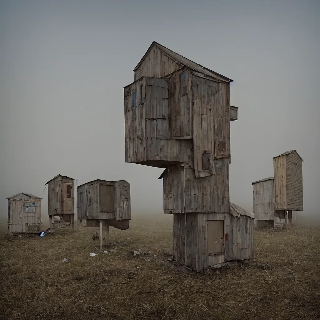 Image similar to two towers, made up of makeshift squatter shacks with faded colours, plain uniform sky at the back, uneven fog, dystopia, mamiya, f 1 1, fully frontal view, ultra sharp, very detailed, photographed by julie blackmon