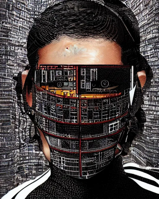 Image similar to cypherpunk fashion illustration, camera face, city street background with high tall buildings, abstract portrait highly detailed, finely detailed