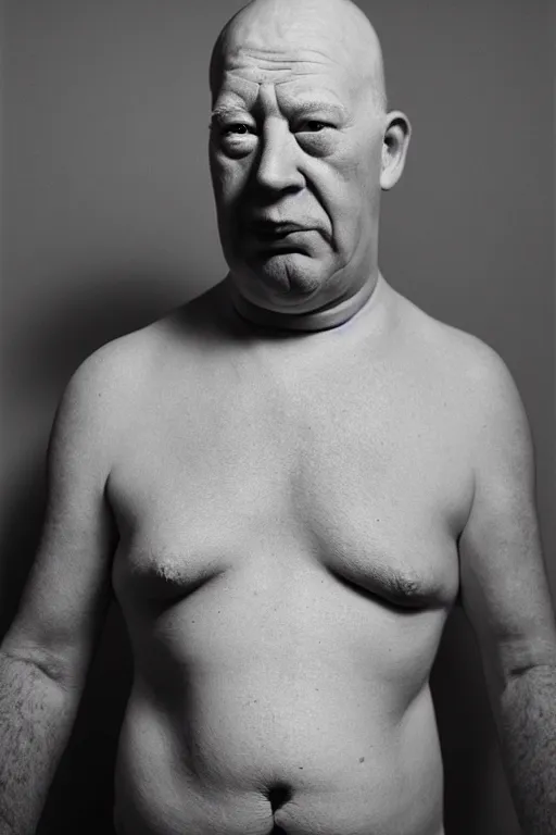 Image similar to studio portrait of man that looks excactly like homer simpson, lookalike, as if homer simpson came to life, soft light, black background, fine skin details, close shot, award winning photo by cindy sherman