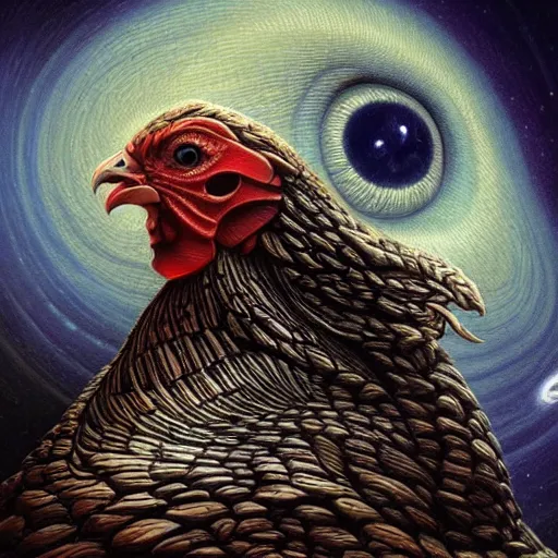 Image similar to low angle shot of a chicken eye with the galaxy in the iris by clive barker, intricate, elegant, highly detailed, centered, digital painting, artstation, concept art, smooth, sharp focus, illustration, artgerm, Tomasz Alen Kopera, Peter Mohrbacher donato giancola, Joseph Christian Leyendecker, WLOP, Boris Vallejo.