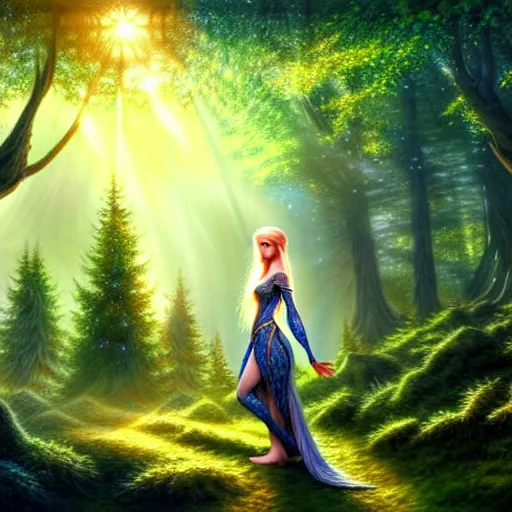 Prompt: beautiful hyper realistic elven, celestial highly detailed magic stag, in a beautiful highly detailed forest background. blue light. sunlight rays throught the trees. intricate, elegant, fantasy art, concept art 8 k rendering.