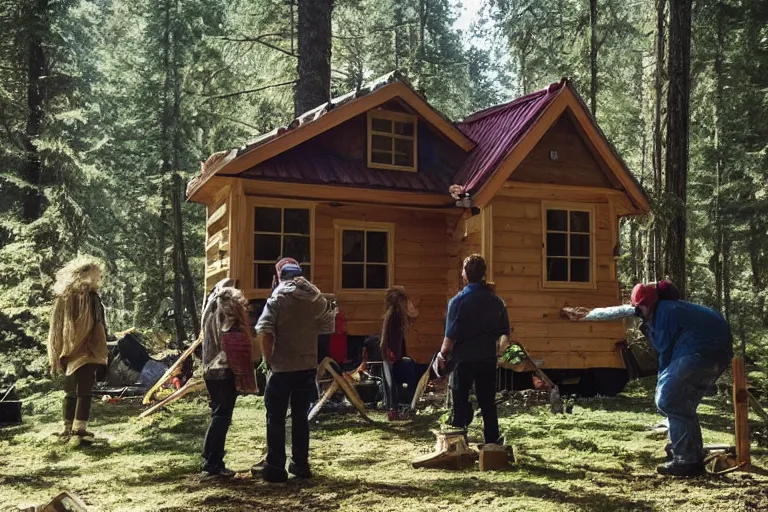 Image similar to movie scene, real life team of gnome people building a tiny house in their forest village natural lighting by emmanuel lubezki