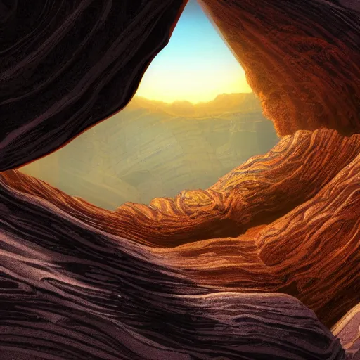 Prompt: fine illustration of exaggerated landscape gorge on an exoplanet, alien edifice, rock formations, twilight