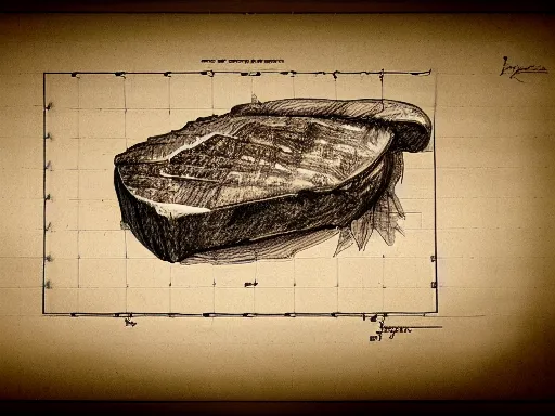 Image similar to blueprint technical drawing of a steak, schematic, sepia, old paper