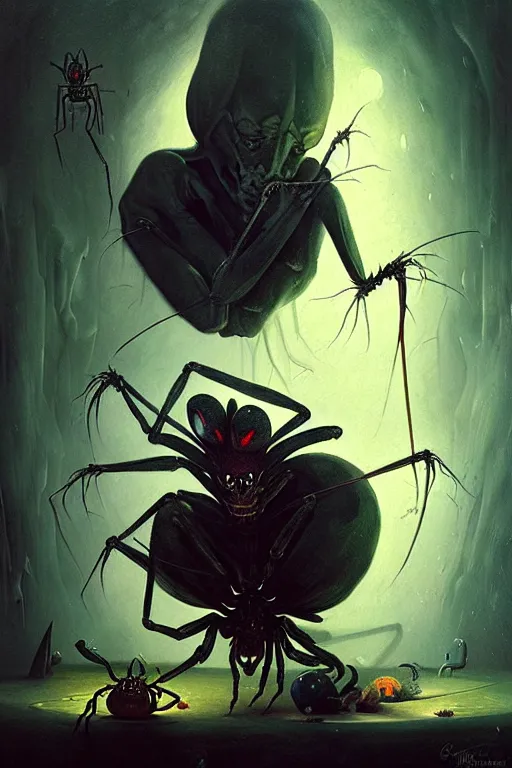 Image similar to hieronymus bosch, greg rutkowski, anna podedworna, painting of drow becoming a demon spider god