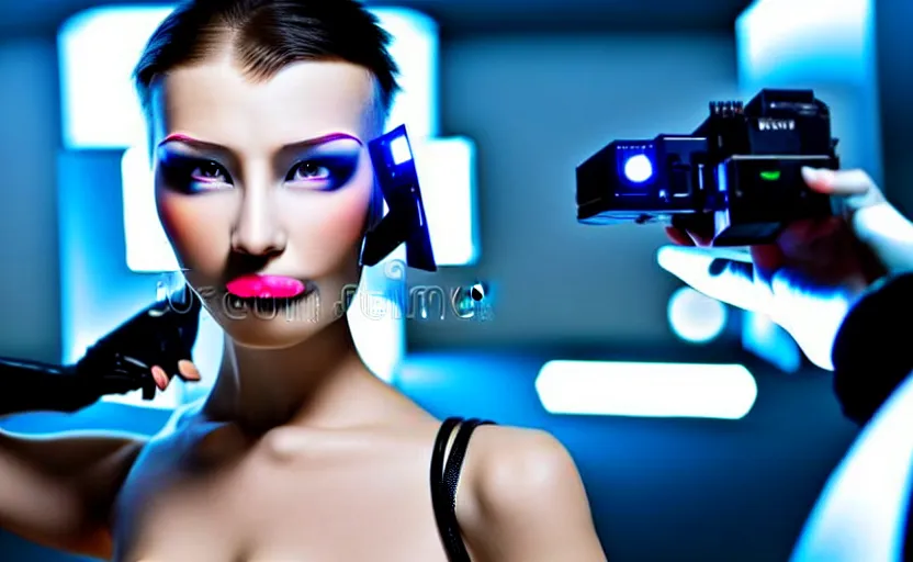 Prompt: medium shot flash photography, photograph of incredibly beautiful and alluring futuristic female cyborg looking into camera. sharp focus, technology, stock photo H 1216