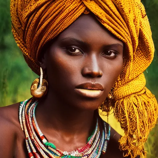 Image similar to vintage portrait of a stunningly beautiful west african tribal female, depth of field, zeiss lens, detailed, symmetrical, centered, fashion photoshoot, by edward s curtis, Annie Leibovitz and Steve McCurry, David Lazar, Jimmy Nelsson, alphonse mucha, Breathtaking, 8k resolution, extremely detailed, beautiful, establishing shot, artistic, hyperrealistic, beautiful face, octane render