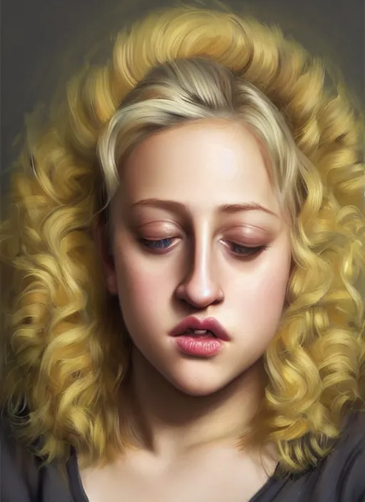 Image similar to full body portrait, teenage lili reinhart, blonde hair, obese, bangs, ponytail, sultry, realistic, sultry smirk, fluffy bangs, curly bangs, fat, belly, intricate, elegant, highly detailed, digital painting, artstation, concept art, smooth, sharp focus, illustration, art by wlop, mars ravelo and greg rutkowski