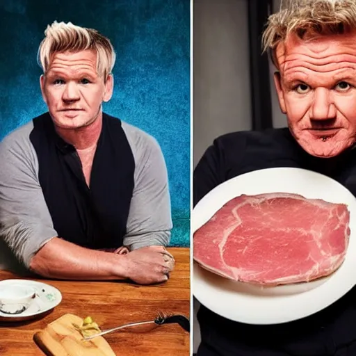 Prompt: gordon ramsay turned into a cooked leg of ham on a plate