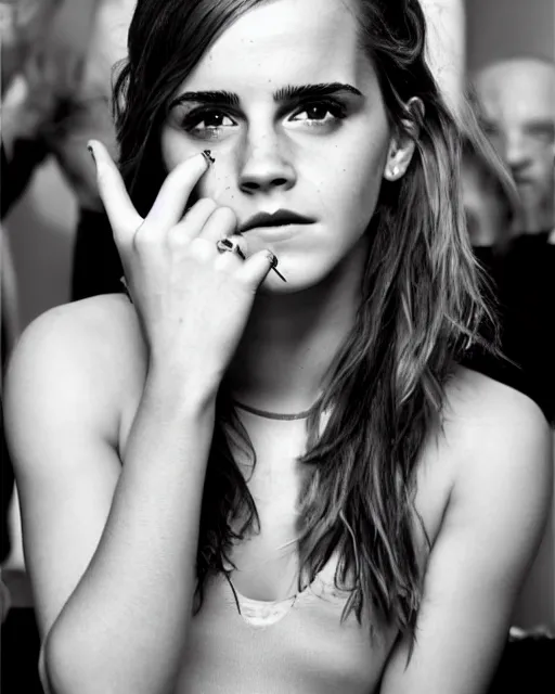 Prompt: A photo of tough looking emma watson. she has wedding rings on his fingers. 50 mm. perfect ring. award winning photography