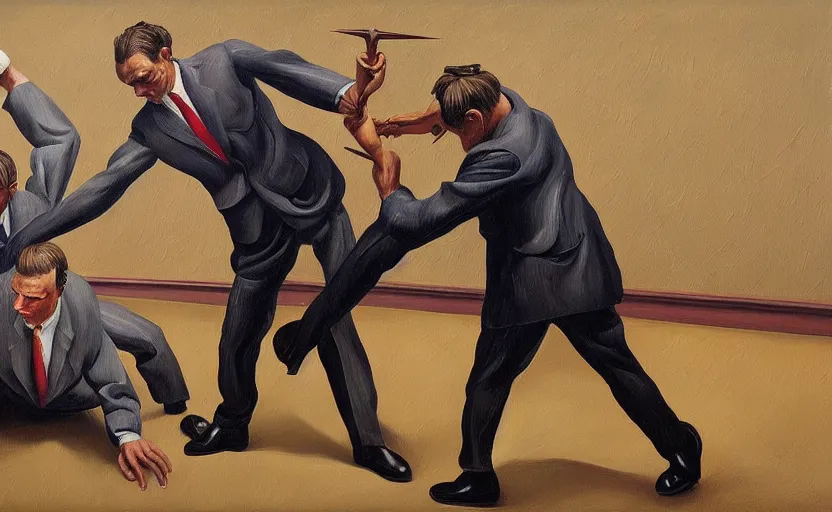 Image similar to Oil painting of two man in a business suit fighting each other by Lucian Freud, Abstract brush strokes, Masterpiece, Edward Hopper and James Gilleard, Zdzislaw Beksinski, Mark Ryden, Wolfgang Lettl highly detailed, hints of Yayoi Kasuma