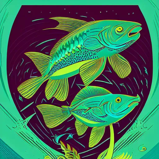 Prompt: one stylized fish in center of view, viewed in profile, dark ocean, complex patterns, artstation, intricate, realistic, highly detailed, digital painting, concept art, sharp focus, illustration by tom whalen and charles williams and kilian eng and james jean