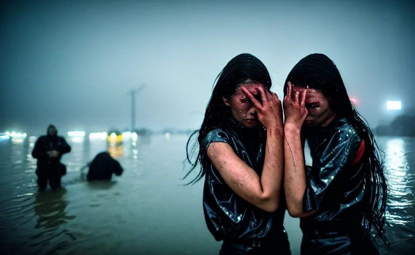 Image similar to cinestill 5 0 d candid photographic portrait by steve mccurry of two loving female androids sobbing wearing rugged black mesh techwear in treacherous waters, flooded city, long shot, retrofuturism cyberpunk moody emotional cinematic, pouring iridescent rain bright spotlight helicopter, 8 k, hd, high resolution, 3 5 mm, f / 3 2, ultra realistic faces, ex machina