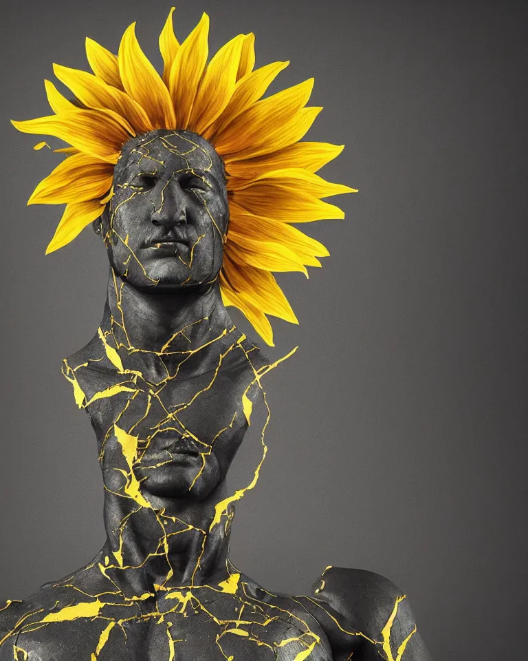 Image similar to symmetrical painting of a fractured obsidian greek statue of a sunflower fixed with kintsugi, rendered in octane trending on cgsociety. extremely detailed and intricate art