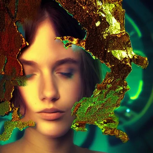 Image similar to a young woman trapped inside a cyber dream, photoreal, glitchart,