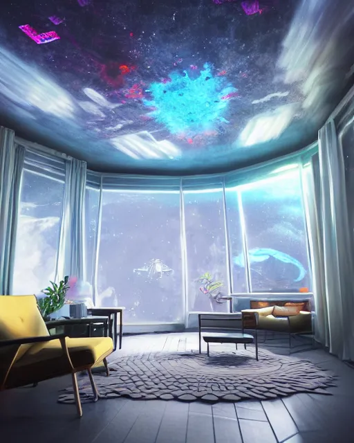 Image similar to artstation scifi scene of a safe room as ikea ad, lounge furniture, sky mural on the room ceiling, holographic gitchart windows, large terrarium, paneled walls, unreal engine 5, hyper realism, realistic shading, cinematic composition, blender render, octane render, hdr, detailed textures, photorealistic, wide shot