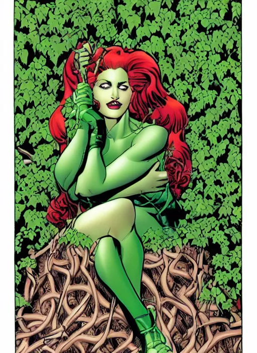 Image similar to dc comics poison ivy character sitting in a throne made of vines and trees art by frank cho, joe chiodo, bruce timm