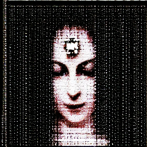 Image similar to vhs static overlay of marian apparition, vhs, 1 9 9 0, highly realistic, highly detailed, vhs noise static, black and white, vhs glitch