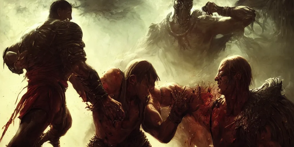 Image similar to mortal combat, dramatic, bloody scene, dark background, portrait 4 / 3, high detail, greg rutkowski, james gurney, gene wolfe, gustave dore, jesper ejsing, rhads, makoto shinkai, ilya kuvshinov