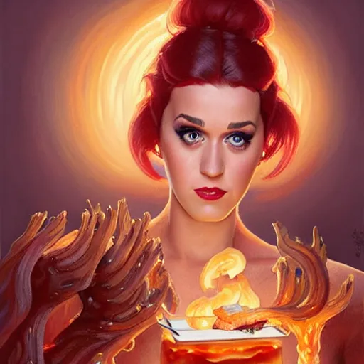 Prompt: Katy Perry Eating BBQ Ribs, dripping BBQ Sauce, D&D, fantasy, intricate, elegant, highly detailed, digital painting, artstation, concept art, matte, sharp focus, illustration, hearthstone, art by Artgerm and Greg Rutkowski and Alphonse Mucha