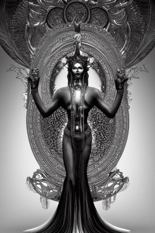 Image similar to a realistic dark photo of a beautiful ancient alien woman goddess kate moss nataraja with six hands standing in iris van herpen dress jewelery and fractals in style of alphonse mucha art nuvo dmt trending on artstation made in unreal engine 4