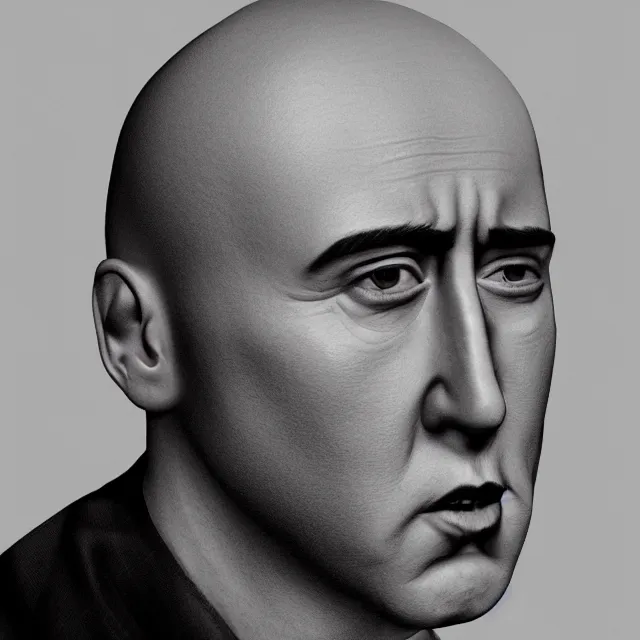 Image similar to portrait of bald nicolas cage neutral expression face straight on headshot even lighting no hair, trending on artstation