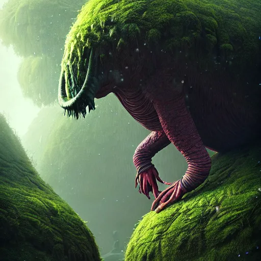 Image similar to a giant creature in a lush trunda vegetation, snow snow : : by michal karcz, daniel merriam, victo ngai and guillermo del toro : : ornate, dynamic, particulate, intricate, elegant, highly detailed, centered, artstation, smooth, sharp focus, octane render, 3 d