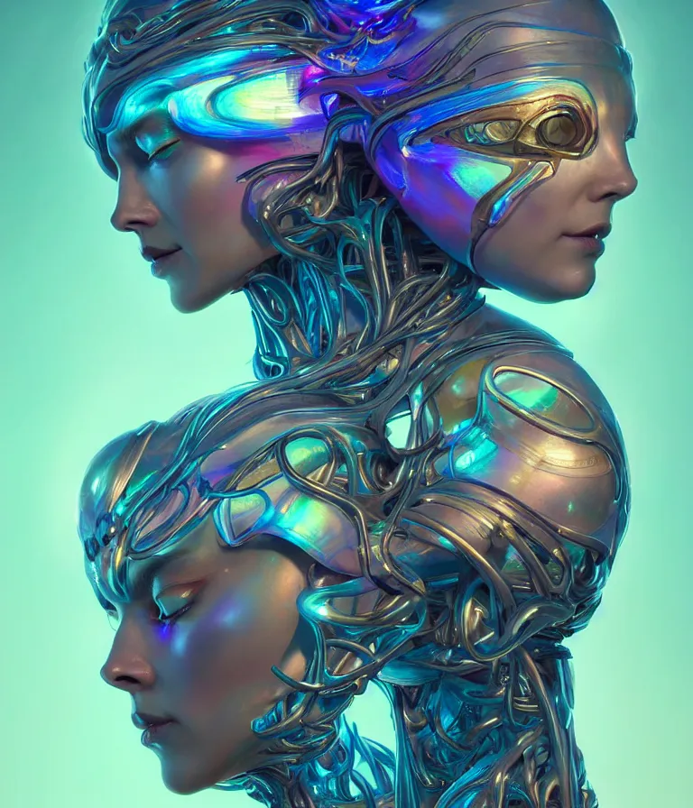 Prompt: iridescent portrait of the sunflower goddess. hard surface modelling. futuristic look. bio luminescent biomechanical halo around her head. neon lighting. artwork by jarold Sng by artgerm, by Eddie Mendoza, by Peter mohrbacher by tooth wu, unreal engine, octane render, cinematic light, high details, iridescent colours, dichroic, macro, 4l