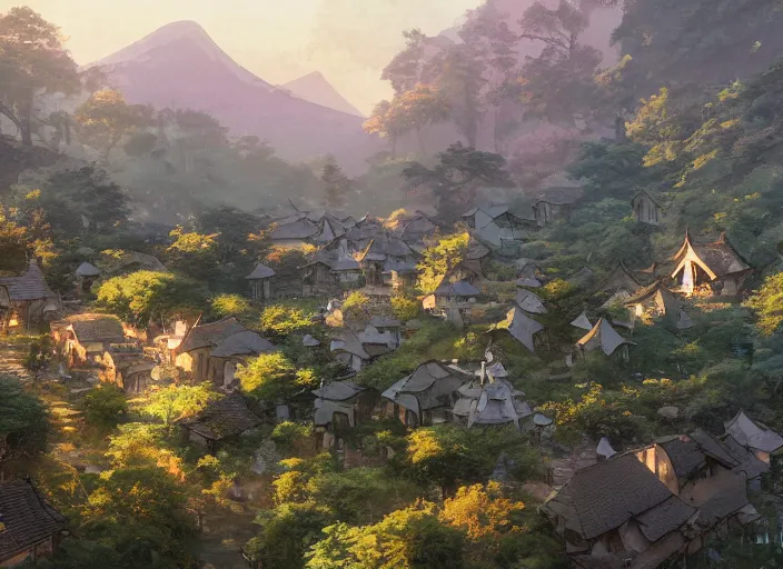 Image similar to concept art painting of a small woodland village in a valley seen from above, european japanese buildings, early morning, cel shaded, detailed, realistic, by makoto shinkai and moebius and greg rutkowski and james gurney