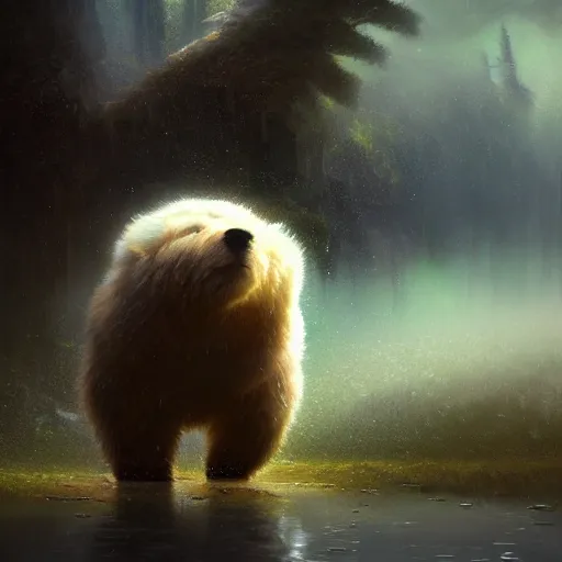 Image similar to cinematic shot of a fluffy bear wanting a hug rainny casper david friedrich raphael lacoste vladimir kush leis royo bruce pennington volumetric light effect broad light oil painting painting fantasy art style sci - fi art style realism artwork unreal engine