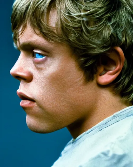Prompt: very low angle high quality hyper realistic portrait of young mark hamill portraying luke skywalker, dark dramatic lighting, portrait realistic and insanely detailed, great composition, 8 k